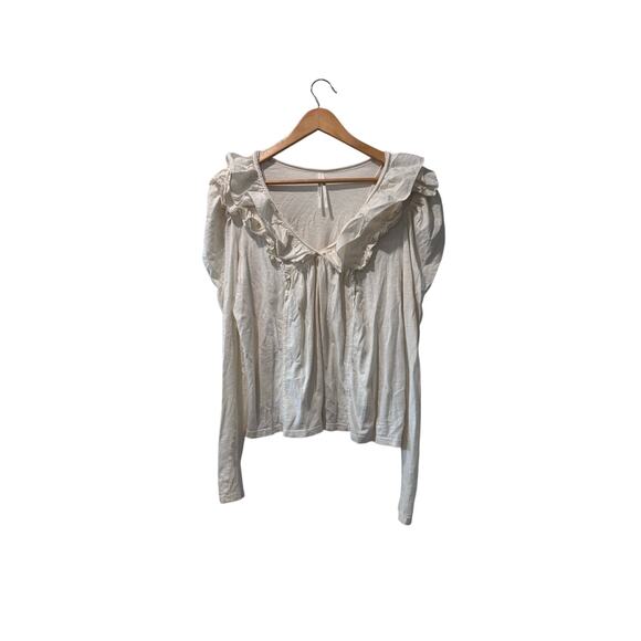 CREAM Anthropologie Ruffled V-Neck Puff Sleeve Tee Top Long Sleeve Size large - Picture 2 of 6